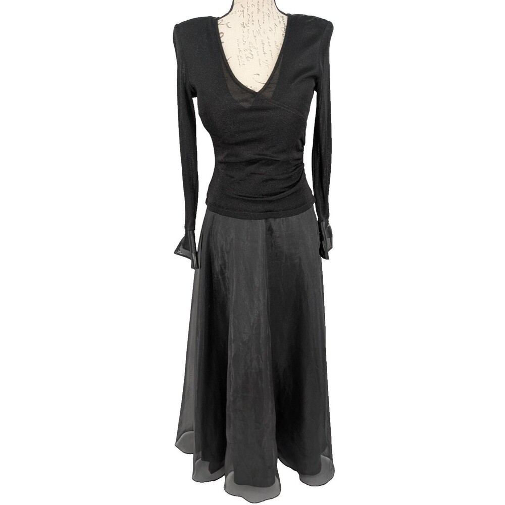 J S Collection Formal Dress Size 4 Black Knit Top Organza Skirt/Cuffs VTG